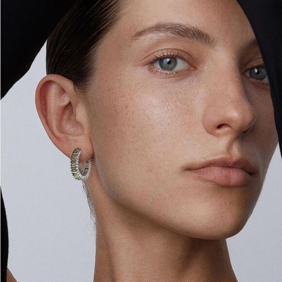 14K White Gold with Green Peridot Cubic Zirconia Drop Hoop Leverback Earrings - Picture 6 of 7